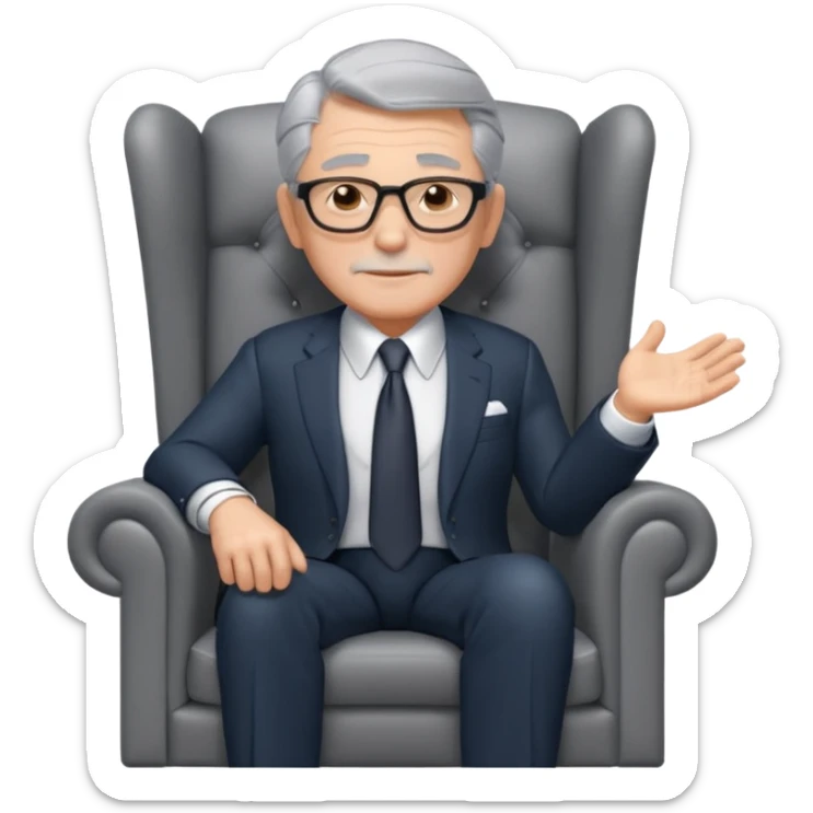 elderly businessman sitting in an armchair, wearing a formal suit and tie, gray hair, confident wise expression, corporate boss vibe, 3D cartoon style, mobile game icon style, clean background, no text, no watermark
 sticker
