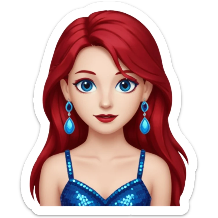 Chappell Roan (b.1998) with long dark red hair, red sequin crop top, red earring, blue eye, makeup sticker