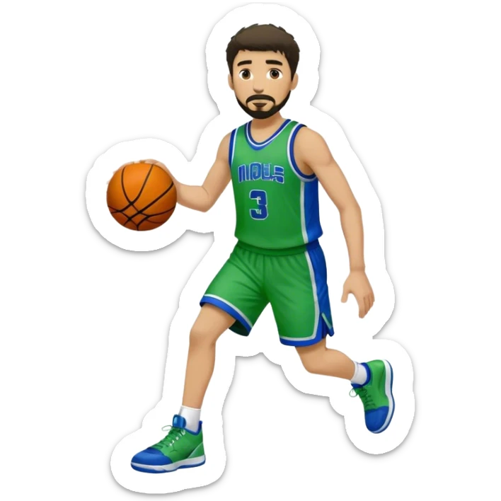 Full Body  white male basketball player with short dark shaggy hair and goatee wearing green and blue uniform sticker