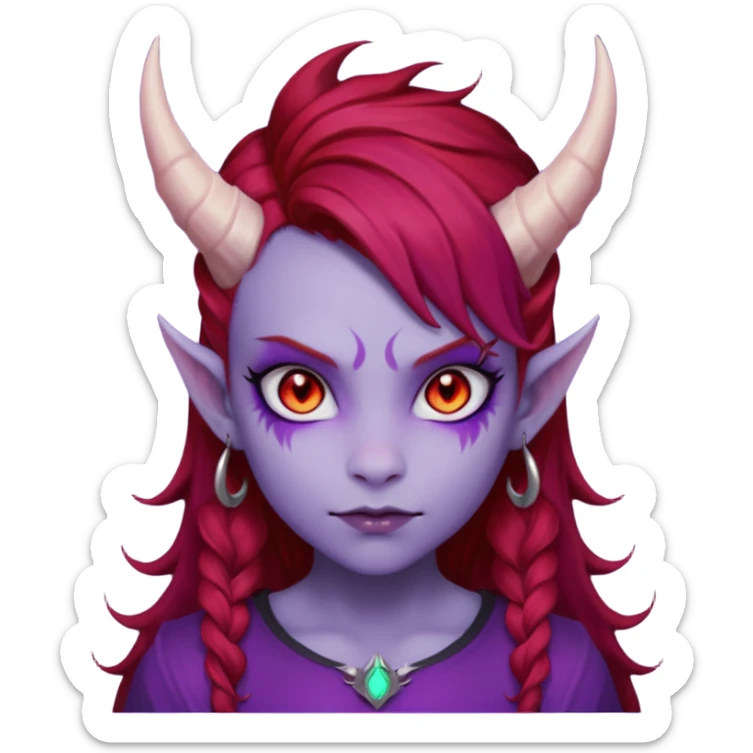 Demon Girl Purple Skin Dragon Horns Black Eyes Red Glowing Pupils Auburn Haired Red Shirt  sticker