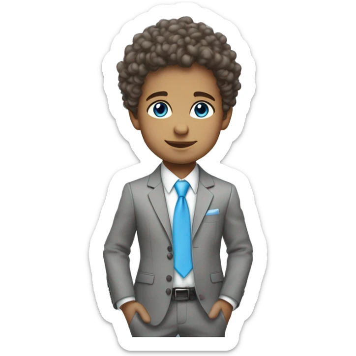 Little young  gentleman wearing a grey suit with white shirt and baby blue tie with blue eyes , white  skin and brown curly hair and full body . Wearing a watch  sticker