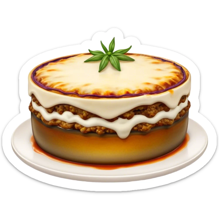Cinematic Realistic Moussaka Dish Emoji, depicted with layers of eggplant, minced meat, and b√©chamel sauce rendered with rich textures and warm, inviting lighting that captures its Mediterranean flavor. sticker