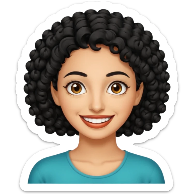 30 year old iranian woman very short curly black hair, big brown eyes, tanned skin, big smile, white teeth, pretty sticker