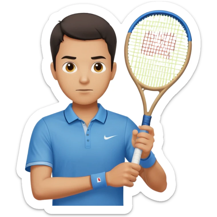 male tennis player emoji inspired by Hugo Dellien, short dark hair, neutral expression, blue shirt, holding a tennis racket sticker