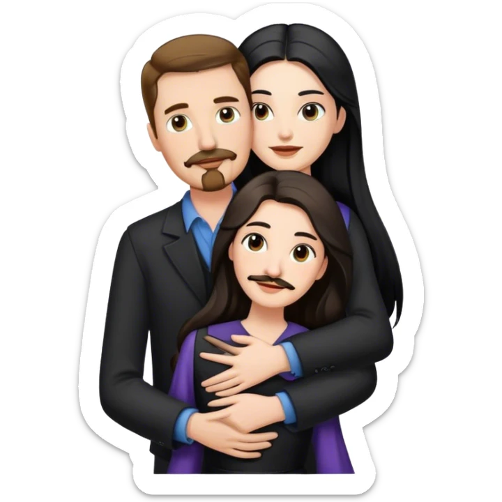 tall white man with brown hair goatee mustache hugging a pale woman with long black hair, wearing elegant clothing sticker