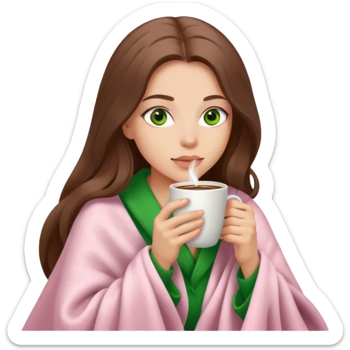 woman with very long brown hair and green eyes in a light pink blanket sipping coffee sticker