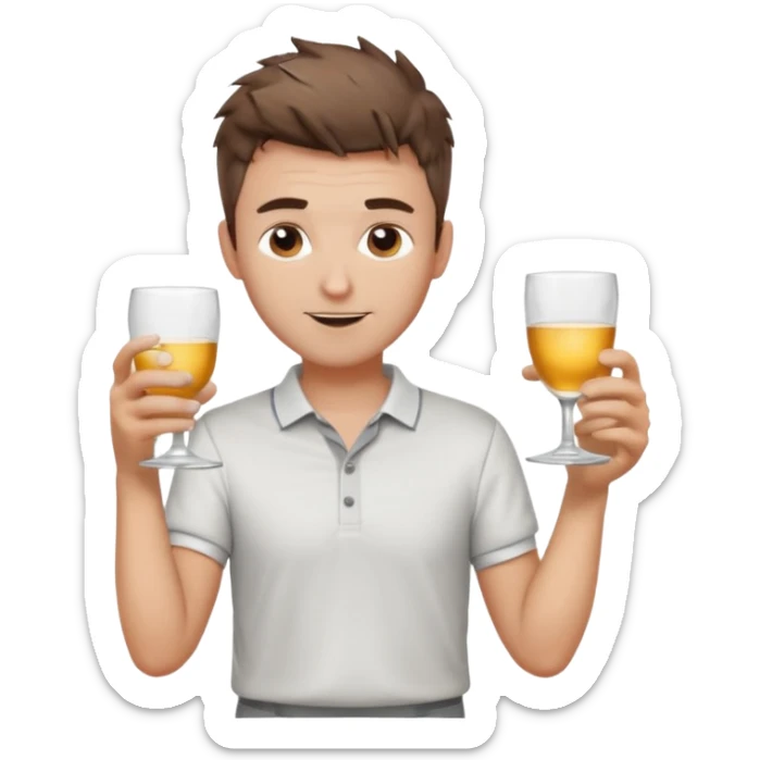 Handsome male.short messy brown hair.mowhawk hairstyle. wearing white golf shirt.grey shorts. Cheersing with a small glass sticker
