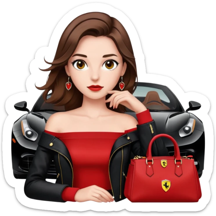 Girl with siren eyes brown hair off shoulder red top black jeans and ferrari jacket black prada purse  sticker