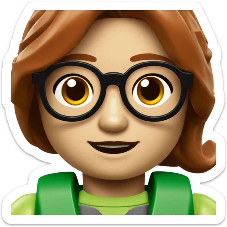 lego minifig of a 7 year old child with green glasses and dark red hair sticker