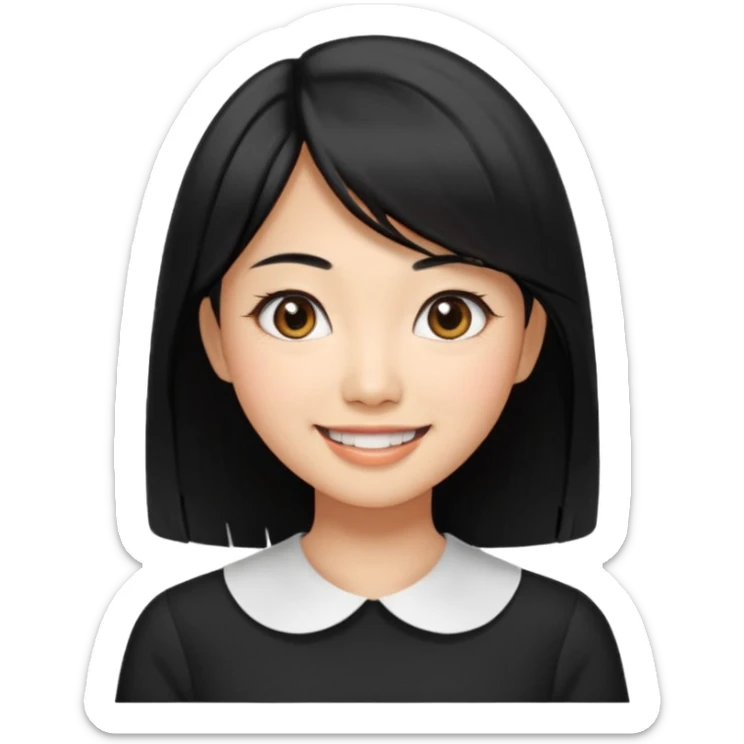 30 yr old asian woman center parted hair big eyes big smile tanned skin straight black hair hippie part hair white blouse shoulder length hair middle parted hair few short bangs at front sticker