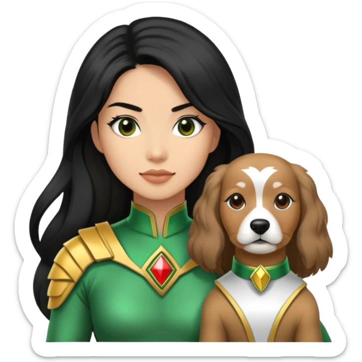 green power ranger wasian woman with long black hair and a fully light brown cockapoo dog sticker