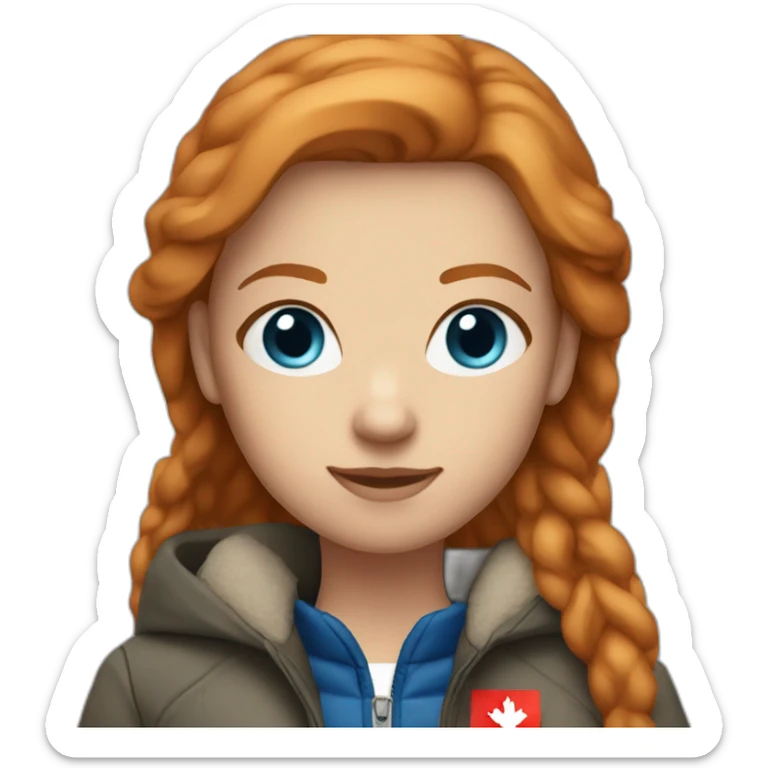 Straight ginger hair and blue eyes woman with a Canadian jacket sticker