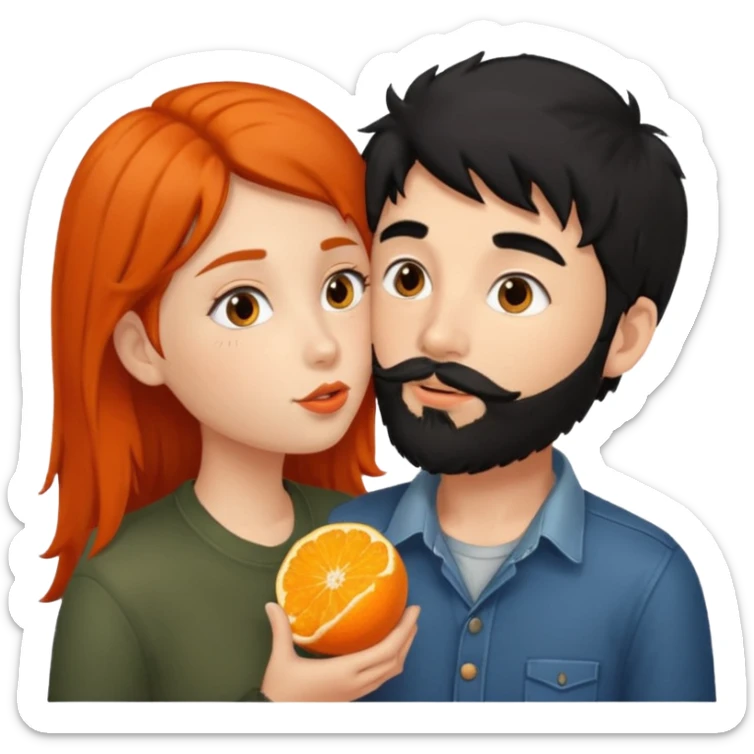 Black hair girl kissing brown haired boy with orange beard sticker