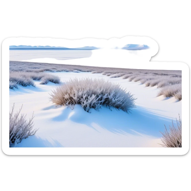 Cinematic Realistic Tundra Emoji in a wooden frame, Vast and cold, with wide expanses of snow-covered ground, sparse grasses poking through, and the occasional hardy shrub breaking up the pale white landscape. The sky above is a pale, frosty blue, and the light reflects off the snow, creating a serene yet starkly beautiful environment. Soft glowing outline, capturing the essence of a quiet, still, frozen wilderness where life endures despite the harsh conditions. sticker