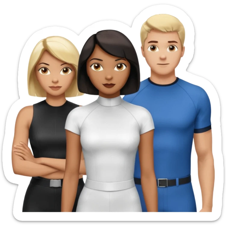 3 Friends standing side by side, charlie's angels style: 1 black woman with a short flat pressed bob, 1 hispanic man with a thin nose and long hair, and 1 white guy with blue eyes and a short brown-blonde haircut sticker