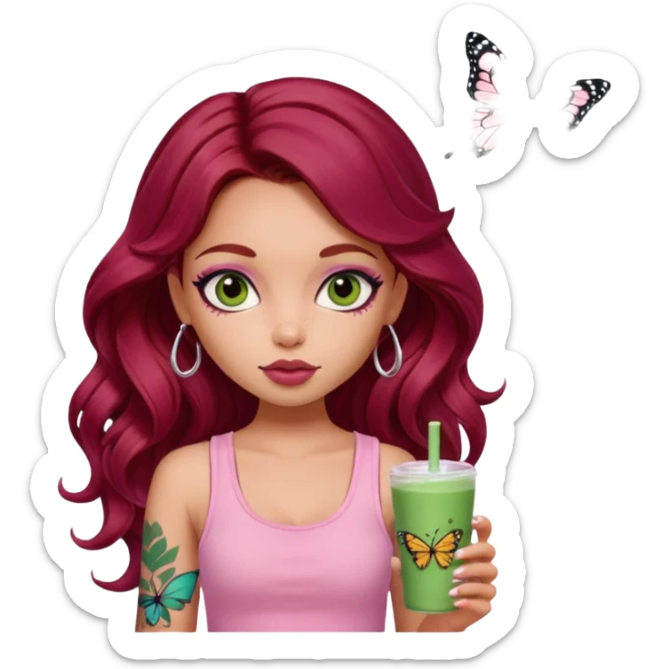 a pretty fair bratz girl with wavy dark red hair, wearing a pink tank top , carrying a matcha . eyeliner on. butterfly tattoo on arm sticker