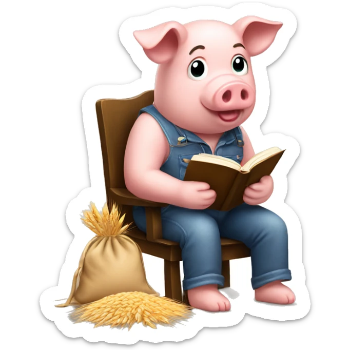 Pig reading a book sitting on a high chair with a bag of wheat on the floor  sticker