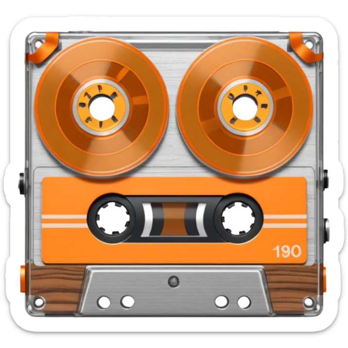 3D render of Cassette Tape, vintage 1980s audio equipment aesthetic, tactile analog buttons, transparent clear plastic with orange ribbon reels inside, mixed wood grain and brushed aluminum textures, Apple emoji style, isolated on white background --v 6.0 sticker