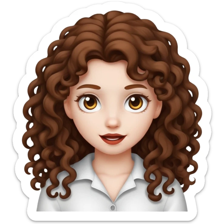 a girl with white skin, long brown curly hair, a mischievous and somewhat cool face, wearing white or black clothes sticker
