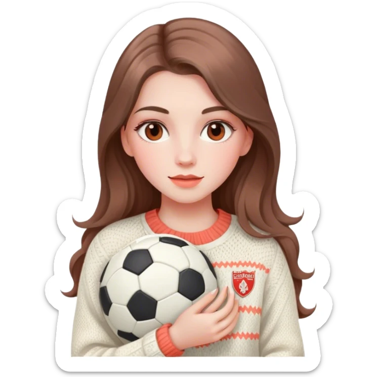 pale girl with soft and long brown hair and makeup with coral colors, holding a soccer ball, wearing ivory and trendy knitwear sticker