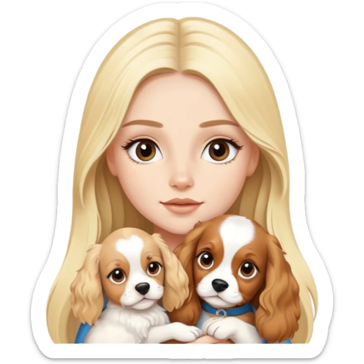 Pretty blonde girl with long hair and long eyelashes and a cavalier puppy sticker