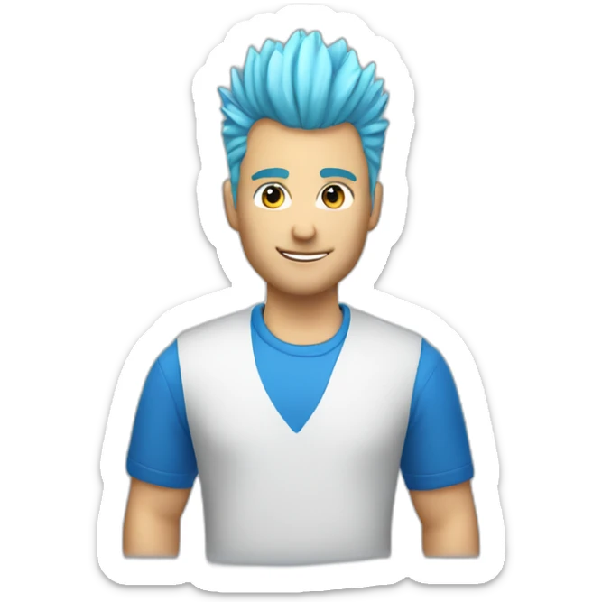 Blonde haired male wearing blue Apple shirt with faux hawk hair working in QA sticker