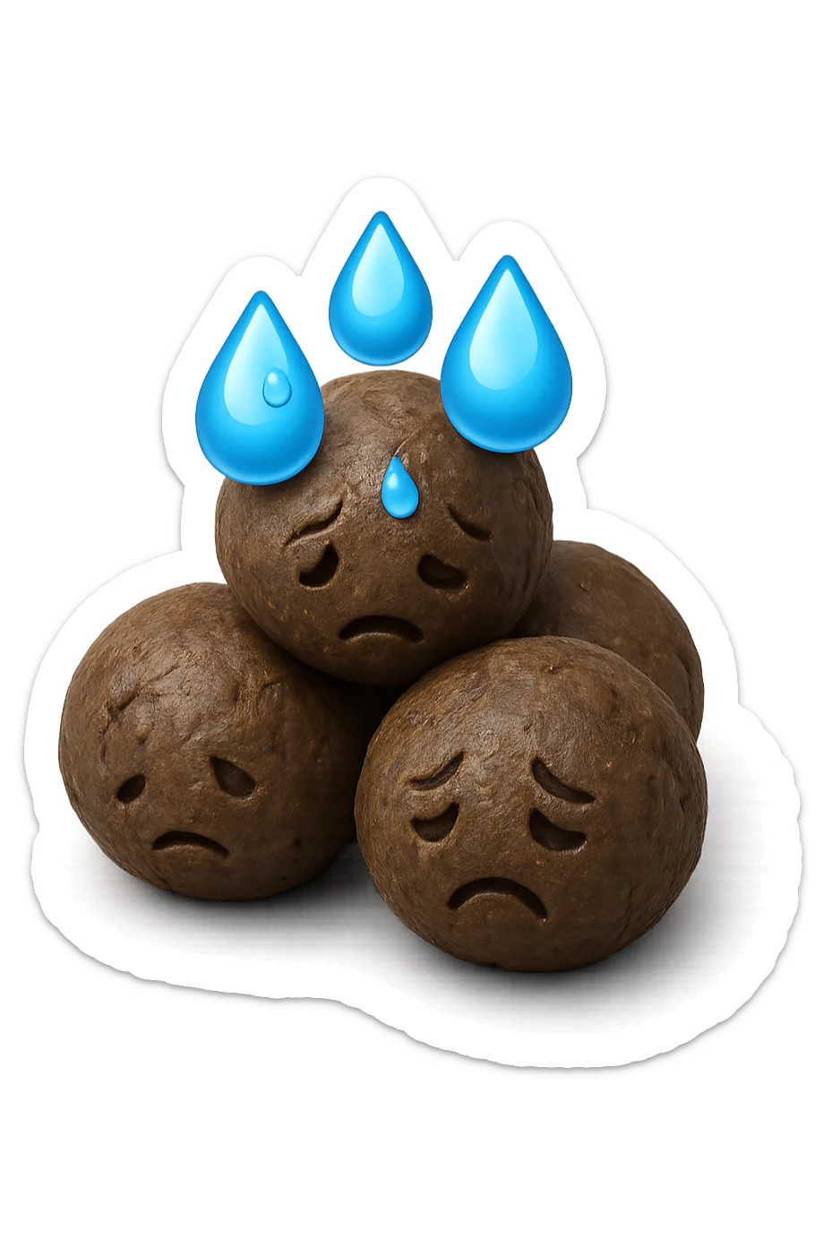 emoji stile iphone di una montagnetta di feci umane realistiche a palline tristi con sopra un simbolo delle gocce di acqua, iperrealistico 4k sticker