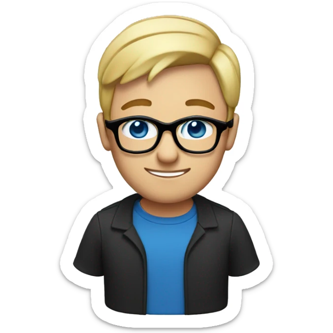 Man with short straight blonde hair and blue eyes with black glasses sticker