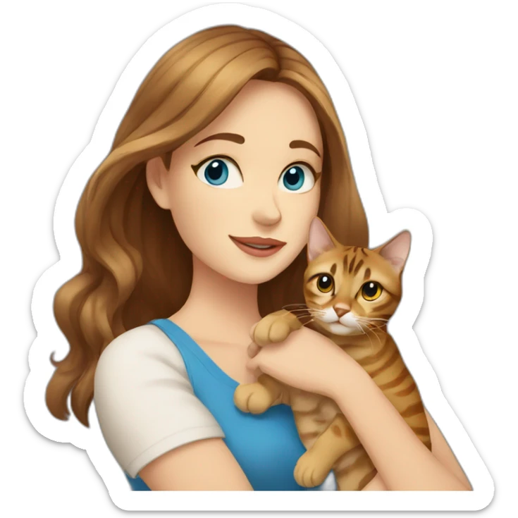 a beautiful girl with blue eyes and brown hair is holding a Bengal cat with yellow eyes in her arms sticker