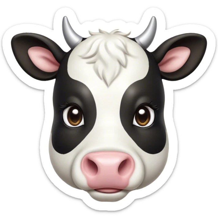 Cinematic Cute Black and White Cow Portrait Emoji, Head tilted playfully and inquisitively, featuring a glossy, contrasting coat of black and white, round, sparkling brown eyes filled with gentle curiosity, Simplified yet irresistibly adorable features, highly detailed, glowing with a warm, friendly glow, high shine, affectionate and serene, stylized with a touch of contemporary charm, bright and endearing, soft glowing outline, capturing the essence of a mischievous yet loving cow, so playful it feels like it could moo out of the screen and into your arms! sticker