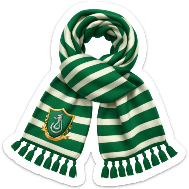 Green and white striped scarf with house Slytherin banner on it sticker