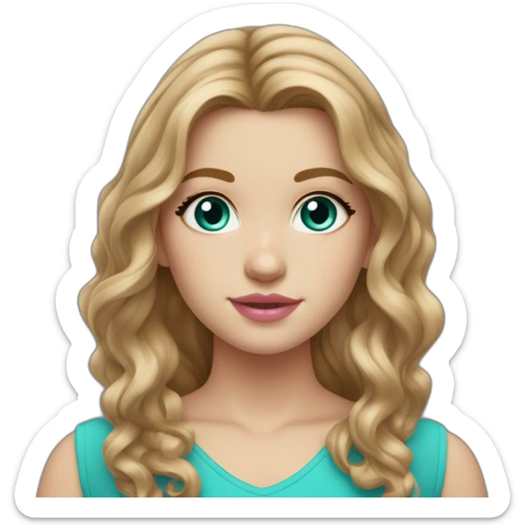 white girl with long wavy light brown hair HAZEL eyes, round face, divet in chin, pink lip gloss turquoise top sticker