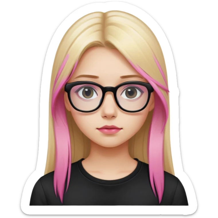 Teenage girl taking a selfie in a school bathroom. Long straight blonde hair with pink dye, rectangular glasses, black shirt, neutral expression with slightly glossy lips sticker