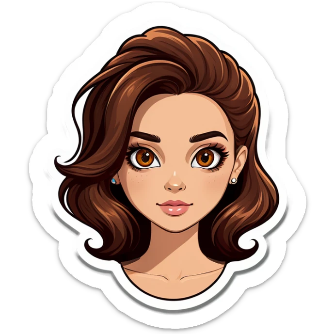 Una chica con piel blanca y pelo ondulado de color castaño y ojos marrones sticker