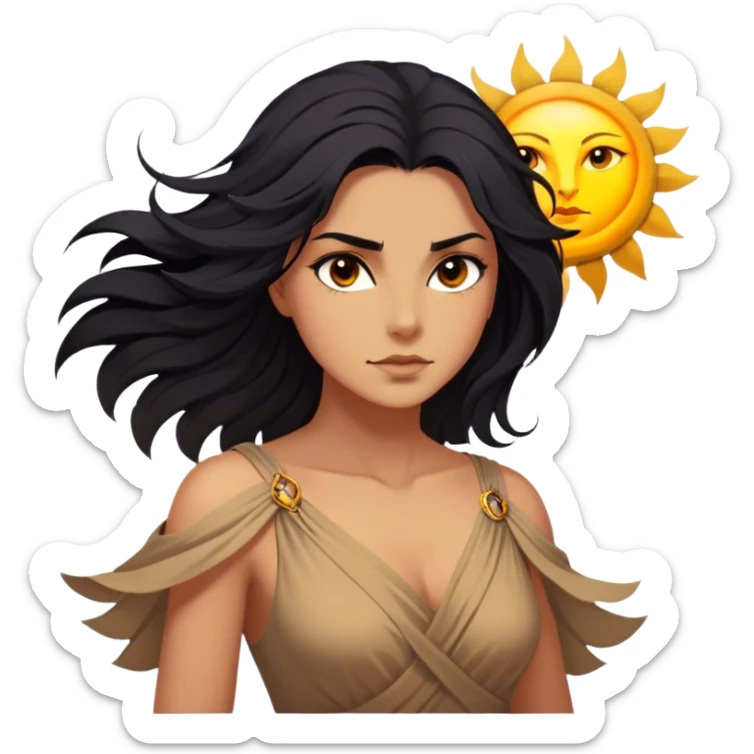 Cinematic Stunning Pocahontas Portrait Emoji, Windswept raven hair flowing behind her, deep brown eyes filled with wisdom and strength, glowing sun-kissed skin, wearing her elegant tan dress, the spirit of the wild in her expression, breathtakingly majestic! sticker
