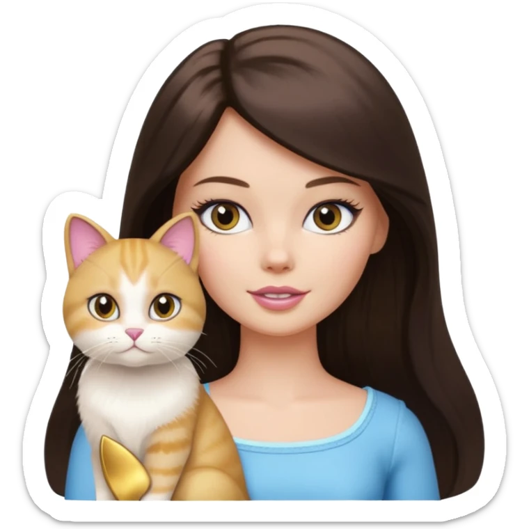 White Barbie girl dark brown long hair with British gold cat sticker