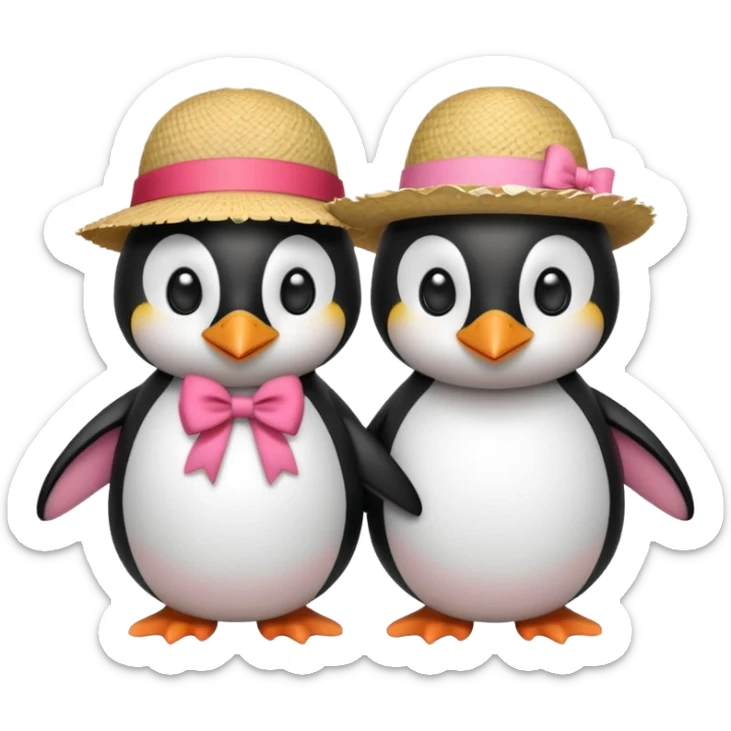 Allora fammi un emoji che rappresenta un pinguino con in testa un fiocco rosa che da la mano a un altro pinguino che in testa ha un cappello di paglia con al centro del cappello una striscia rossa sticker