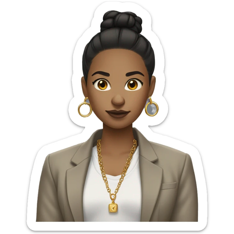 Light brown girl with black low bun, gold bracelet, gold rings, gold nose ring, gold rings, gold earrings, with a gray shirt, a blazer, plaid pants, and white sneakers sticker