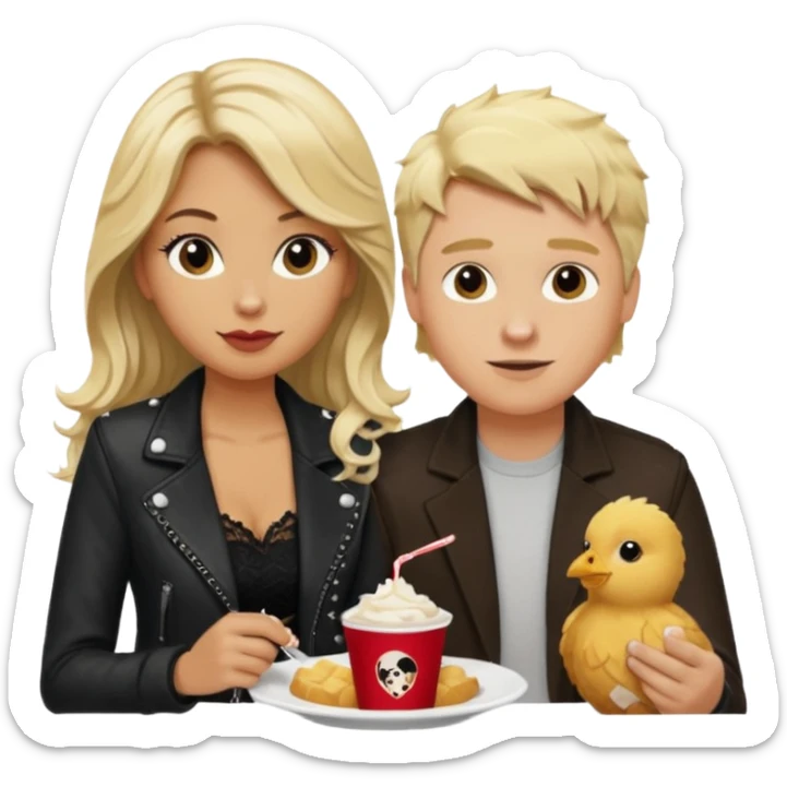 Love tan woman long wavy blonde hair and black lace  with  a white man short spiked blonde hair wearing Brown  jacket eating chick filet  sticker