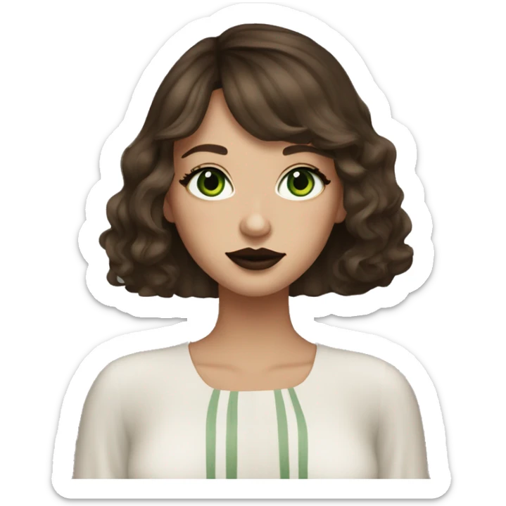 A beautiful women, with brown hair and curtain bangs, green eyes, dark feminine vibes and a little bit darker lipstick, showing her white nails  sticker