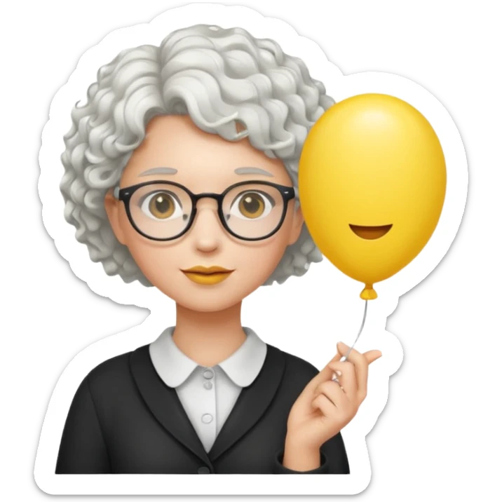 woman with short curly white hair and wearing glasses, holding yellow balloon sticker