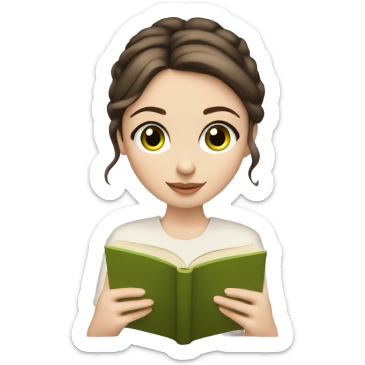Girl with brown hair in a low bun, wispy bangs, green eyes, pale skin, reading a book sticker