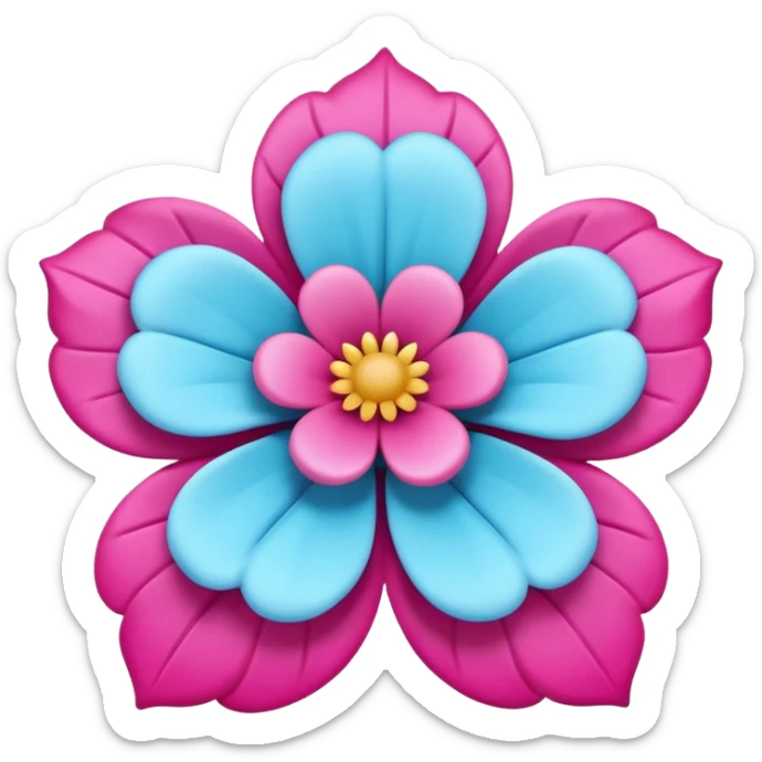 3D glossy flower emoji, vibrant magenta puffed-up petals, large soft-pink center, two pale-blue leaves, claymorphic style, high resolution, white background." sticker