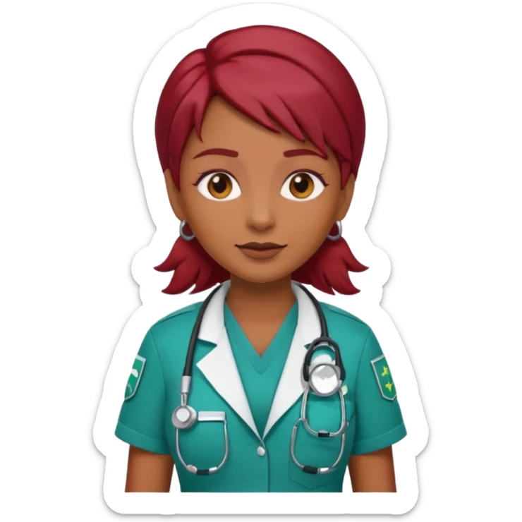 medium brown skin tone woman emoji with red burgundy hair in a paramedic outfit with a stethoscope around neck sticker