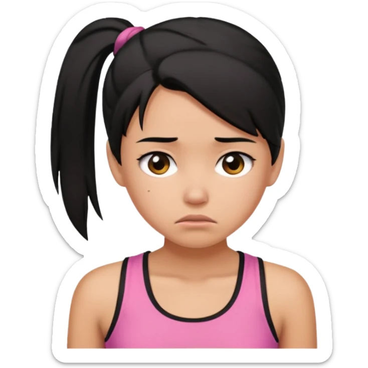 A tan girl with black hair in a ponytail. Wearing a pink tank top. Looking sad sticker