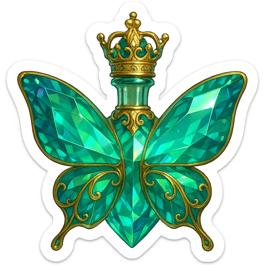 crystal butterfly-shaped bottle with short neck and princess crown, green and blue colors, many facets, glowing, ornaments, golden details, transparent background, floating in air, no base or shadow, very close to original sticker