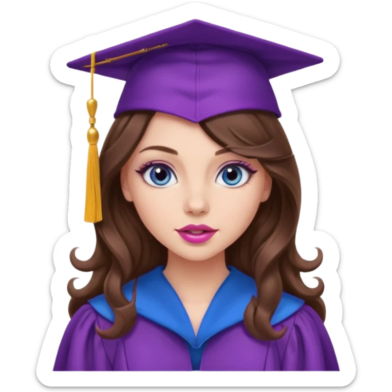 girl with gorgeous curled long brown hair, blue eyes, long lashes makeup, sexy pink lips, wearing a purple graduation cap and gown sticker