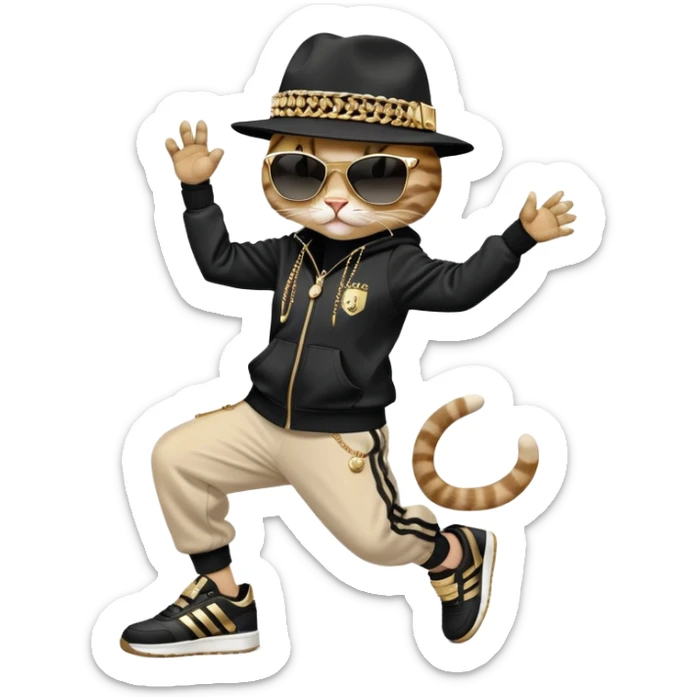 female cat dressed like Run DMC in tracksuit, fedora, Adidas shoes, dark sunglasses, lots of gold chains and bling accessories, break dancing sticker
