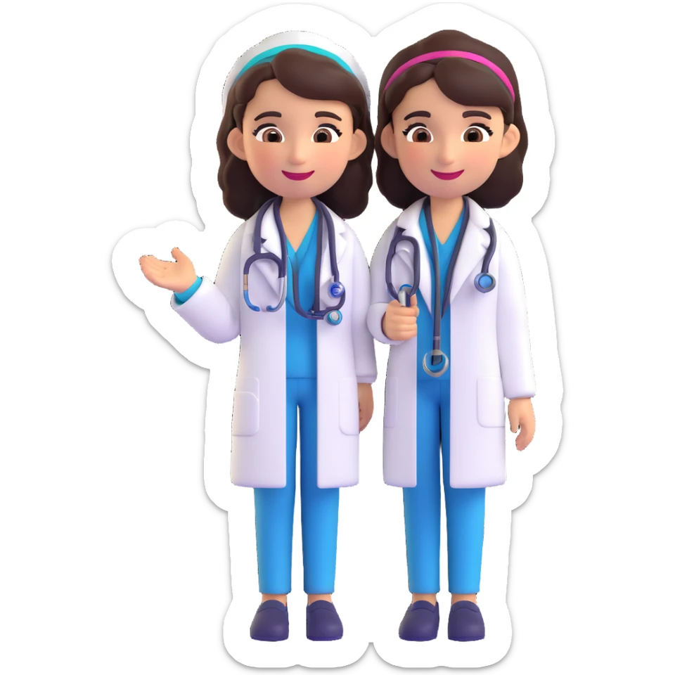 cute Mexican doctor girl, smiling, wearing white coat, stethoscope, colorful accessories, warm friendly expression, 3D cartoon style sticker