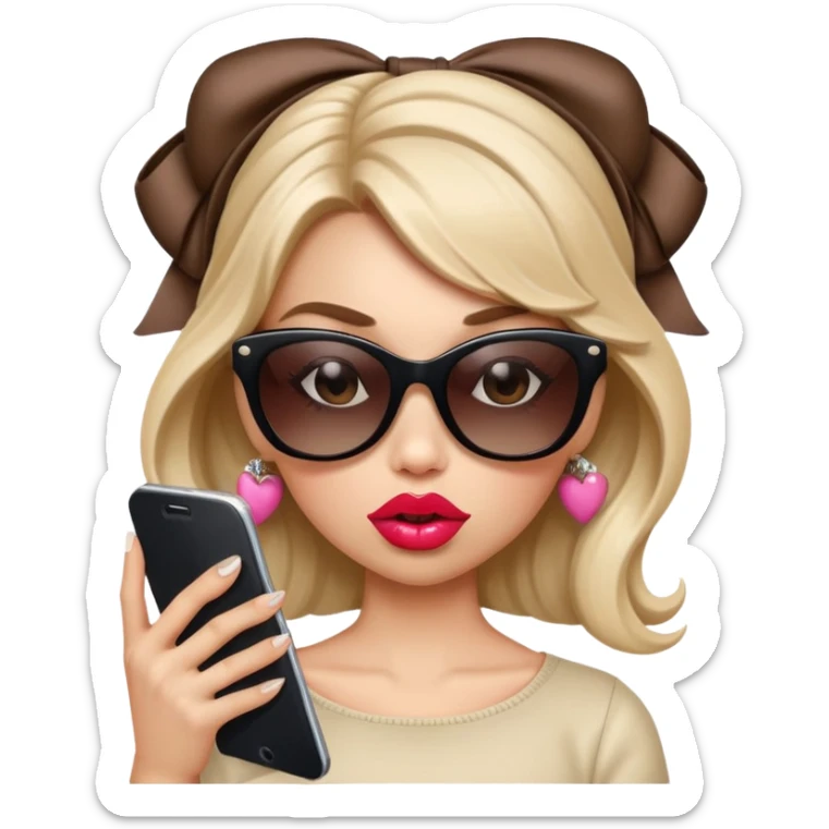 Girl with huge lips, sunglasses, bow on her hair, holding a phone with attitude sticker